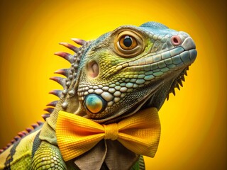 Fototapeta premium Vibrant yellow backdrop sets the stage for a debonair iguana donning a dapper bowtie, exuding elegance and whimsy in this surreal, colorful, and playful animal portrait.
