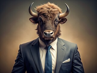 Confident buffalo in sleek sunglasses and tailored suit stands against a neutral background, exuding modern style and sophistication, with ample copy space for text.