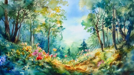 Watercolor painting depicting lush forest with blooming wildflowers in spring