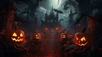 Carved pumpkins illuminate a dark path to a haunted castle under the moonlight