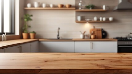 blurred modern kitchen background with copy space and an empty wood table