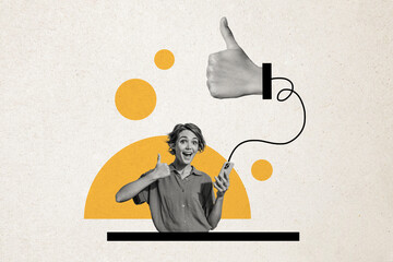 Composite photo collage of happy blogger girl hold phone receive thumb up notification feedback...