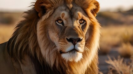 Naklejka premium Ultra-high-definition close-up of a majestic male lion, his piercing amber eyes in sharp focus.Captured with a professional wildlife camera, 4K resolution.