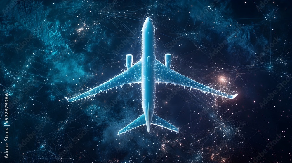 Aufkleber aerial airplane surrounded by flowing digital data symbolizing inflight connectivity