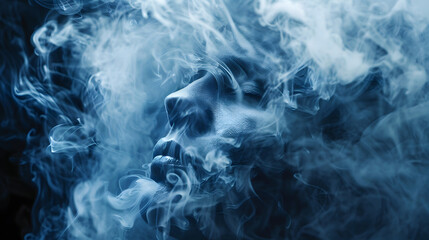 Obraz premium A conceptual background of the head with smoke and flowing patterns, symbolizing mystery or mental health in dark blue tones.