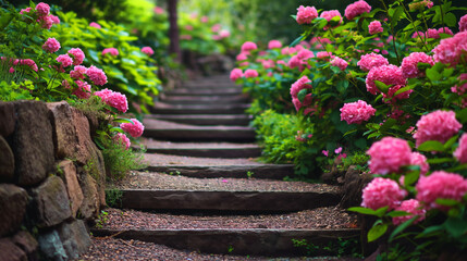 Serene garden pathway adorned with vibrant pink and green foliage	
