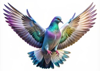 Obraz premium Majestic pigeon spreads wings, soaring elegantly in mid-air, its iridescent feathers glistening, set against a transparent background, exuding freedom and serenity in perfect flight.