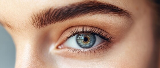 Fototapeta premium Close-up of a Blue Eye with Long Eyelashes and a Defined Eyebrow