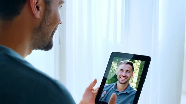 A man uses a tablet to make a video call with an on-screen interlocutor