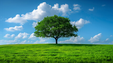 Fototapeta premium Lone tree standing on a green hill under a bright blue sky with fluffy clouds