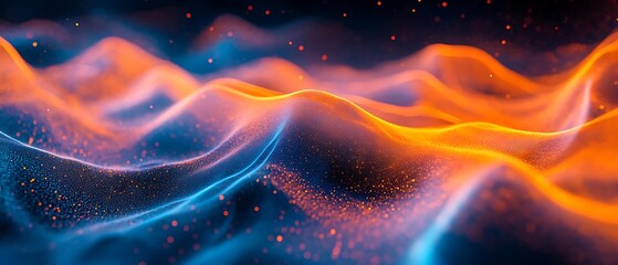 A stunning abstract image featuring wavy patterns illuminated by orange and blue light, Ideal for backgrounds, digital art projects, and technology-themed designs,