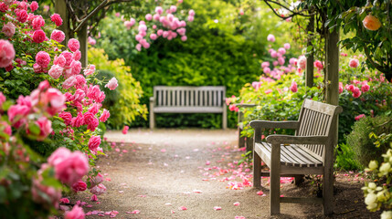 Serene garden pathway with blooming pink roses and wooden benches