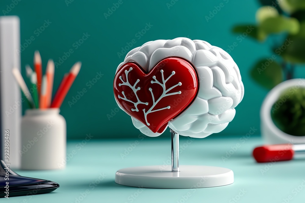 Aufkleber plastic brain model with red heart and neuron design on a desk. conceptual illustration of love, emo