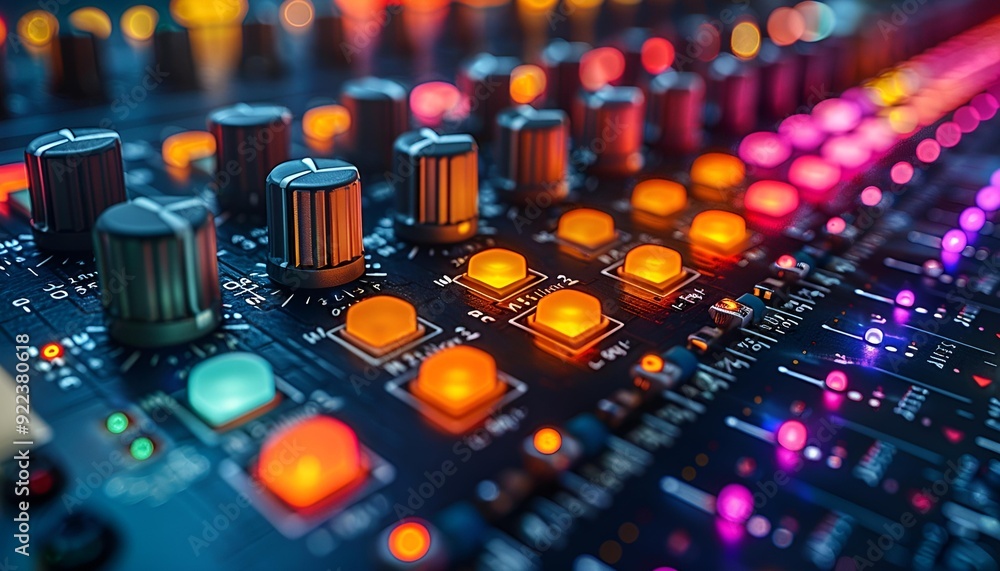 Aufkleber close-up image of a mixing board adorned with multiple colored lights.