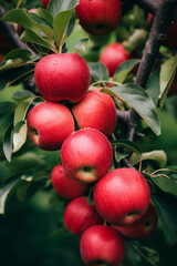 red apples growing on tree, summer garden, Generative AI