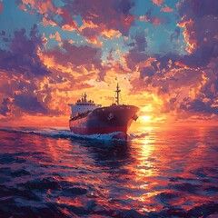 Fototapeta premium A cargo ship sails through a vibrant sunset, leaving a trail of wake in its path. The sky is ablaze with fiery hues, creating a breathtaking scene of nature and industry.