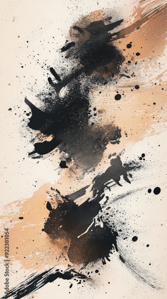 Poster black ink splashes creating an abstract painting on canvas