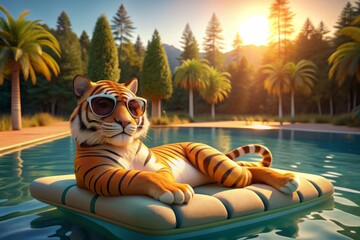 A 3D animated cartoon tiger lazily floats on a colorful pool raft, wearing trendy sunglasses, basking in the warm sunlight amidst a serene pool setting.