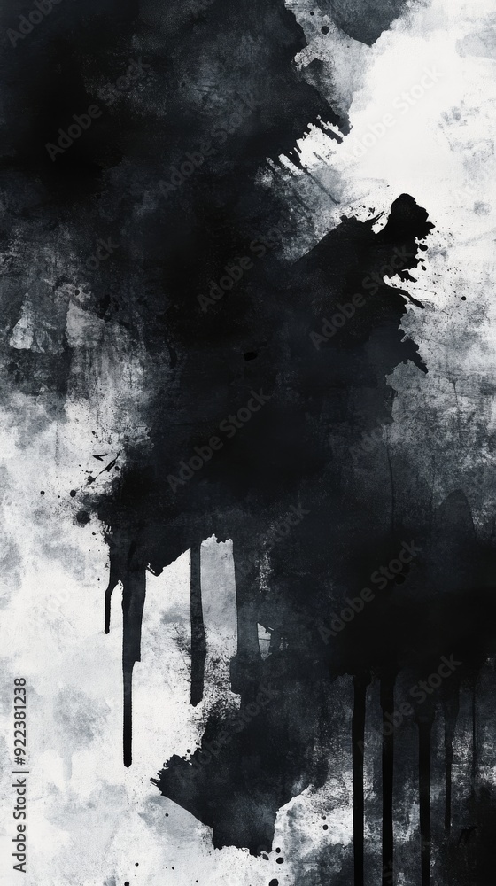 Aufkleber black ink dripping down creating abstract shapes on white background