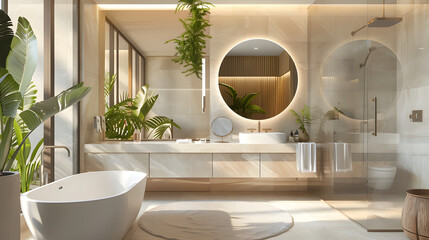 A luxurious modern bathroom with beige tiles, double vanity and bathtub, large mirror, warm lighting, green plants for decoration.