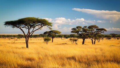 Obraz premium A solitary acacia tree stands in the vast savannah under a bright sky with scattered