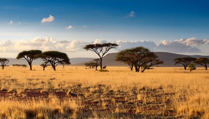 Golden hour paints acacia trees silhouettes on vast savannah landscape
