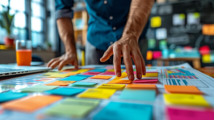 Obraz premium Business professional organizing colorful sticky notes on a project planning table