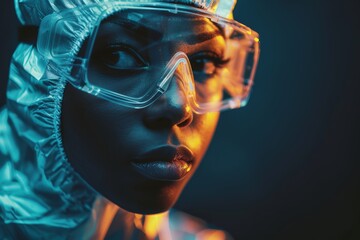 Close-Up Portrait, Young Black Woman Wearing Transparent Protective Clothing and Clear Goggles