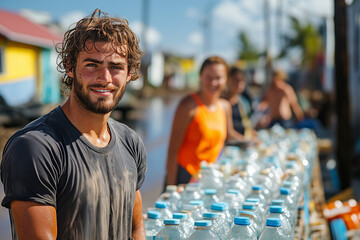 A group of volunteers helping a community affected by a natural disaster by providing temporary shelter and supplies