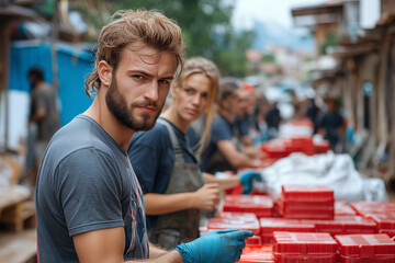 Naklejka premium A group of volunteers helping a community affected by a natural disaster by providing temporary shelter and supplies