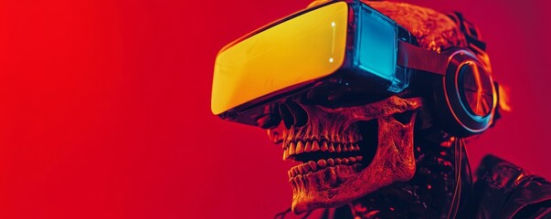 Skeleton wearing vr headset experiencing virtual reality gaming