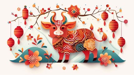 Fototapeta premium Adorable red ox paper-cut window sticker with clean lines and a flat style, enhancing the festive Chinese New Year atmosphere