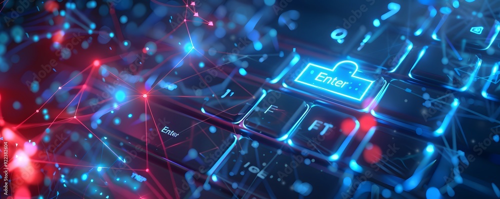 Poster Illuminated Keyboard Key with Lock Icon and Glowing Lines