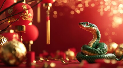 Fototapeta premium Green snake looking up celebrating chinese new year with red lanterns and gold decorations