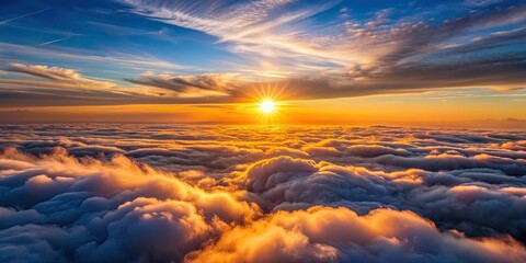 Fototapeta premium Sunset view from above fluffy clouds, sunset, sky, clouds, horizon, aerial view, atmospheric, peaceful, serene, tranquility