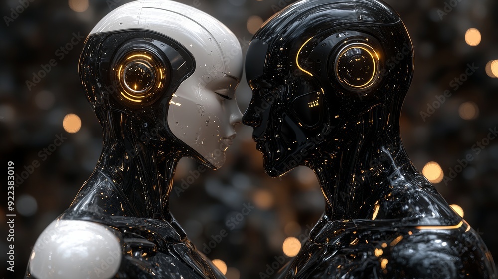 Poster two robots showing affection and embracing each other