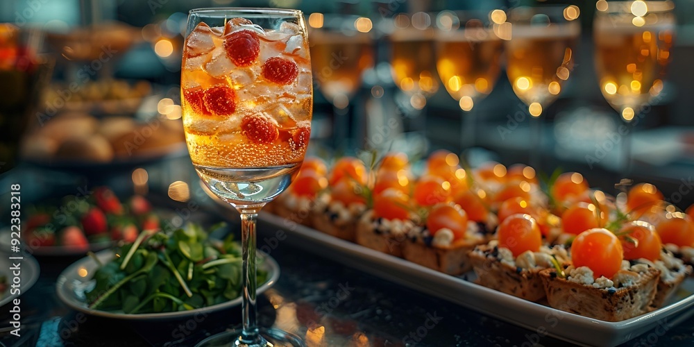 Poster a beautifully set table featuring a glass of wine alongside an array of delicious.