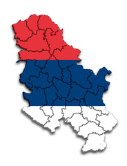 SERBIA MAP WITH ITS DISTRICTS AND POLITICAL ADMINISTRATIVE DIVISIONS WITH FLAG