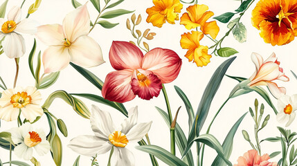 Fototapeta premium A vibrant and intricately detailed flower pattern design, featuring a harmonious blend of natural elements.