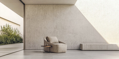 Outdoors minimalist terrace in a luxury villa with chic decoration and neutral tones. Exclusive residential Real Estate exteriors.