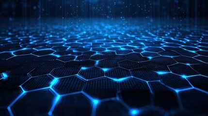 Obraz premium Blue technology background with hexagon grid, digital network and connection concept for banner design vector Illustration on dark blue blackgroud