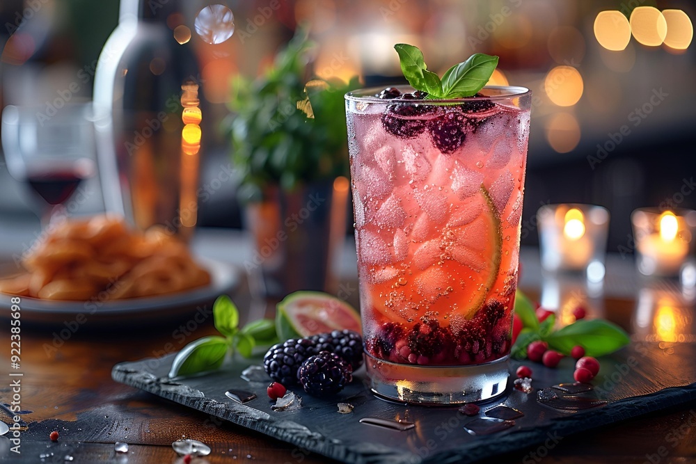 Wall mural A refreshing drink garnished with berries and mint.