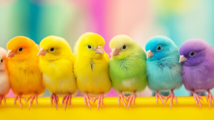 Naklejka premium Colorful baby birds lined up on a yellow perch in rainbow hues