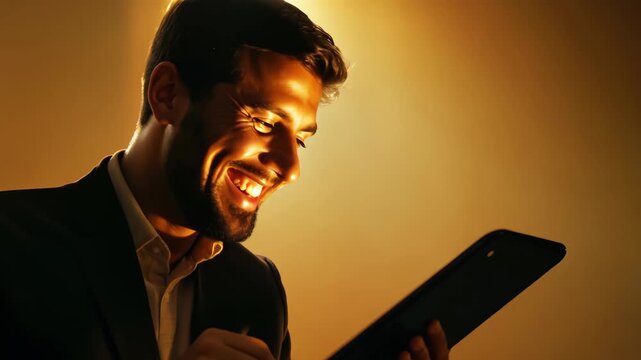 A man uses a tablet to make a video call with an on-screen interlocutor