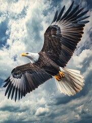 Obraz premium Bald Eagle Flying Through Cloudy Sky