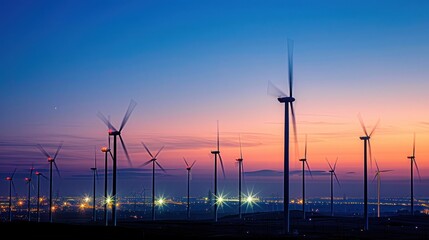 Obraz premium A wind farm with turbines gently lit against the night horizon
