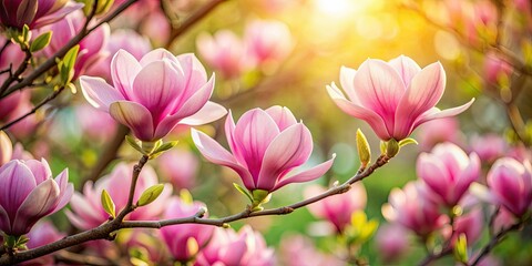 Obraz premium Pink magnolia flowers blooming in a spring garden, Spring, pink, magnolia, flowers, blooming, garden, nature, seasonal, petals