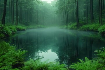 Obraz premium misty primordial rainforest with towering ancient trees and verdant ferns ethereal fog swirls around a serene reflective pond creating an air of mystery and timelessness