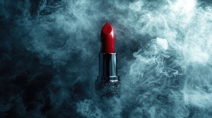 A bold red lipstick with a cloud of smoke encircling it, emphasizing the drama and intensity of the color.