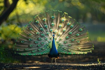 Obraz premium Peacock with its tail feathers spread wide in a display of beauty and elegance.